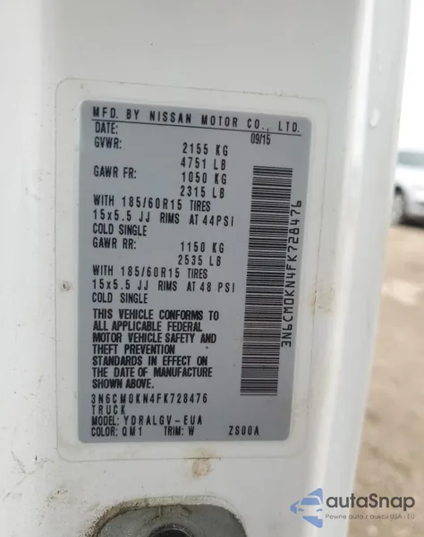 2015 Nissan Nv200 2.5S from USA, damaged, VIN 3N6CM0KN4FK728476